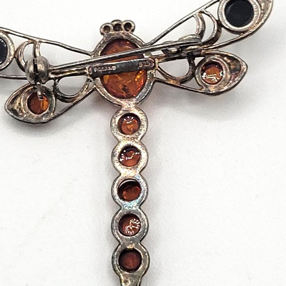 Dragonfly Bug Insect Pin Brooch Silver 925 Amber Gems Poland Estate 2" - Picture 5 of 9